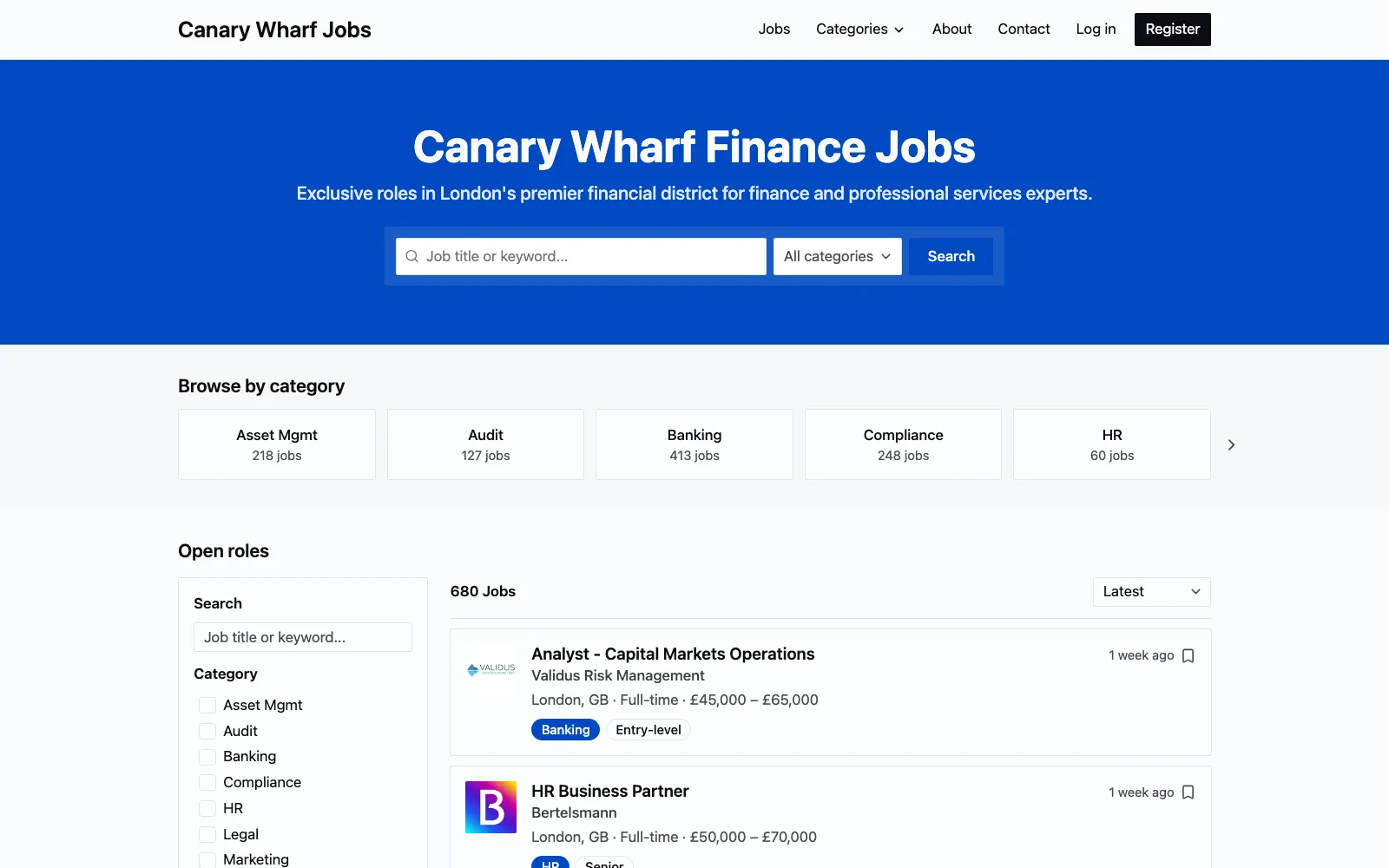 Canary Wharf Jobs homepage